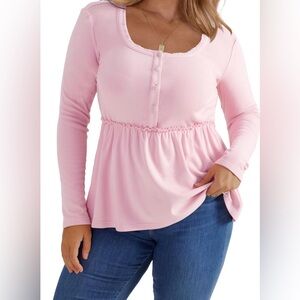 Long Sleeve Pink Babydoll Henley Top
